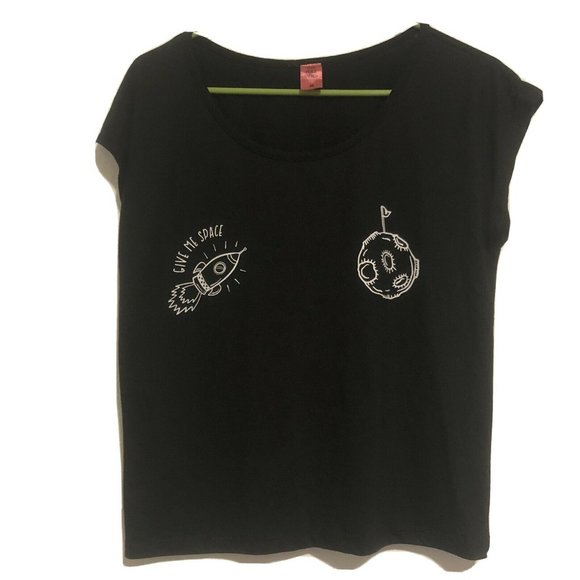 Love Peace Energy Tops - Spaceship Give Me Space Women’s Black Shirt Med